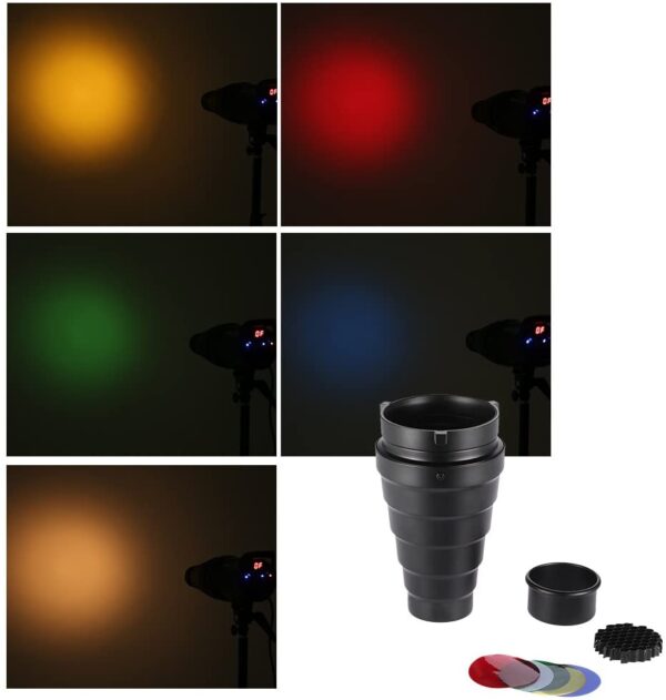 Andoer Metal Conical Snoot with Honeycomb Grid 5pcs Color Filter Kit for Bowens Mount Studio Strobe Monolight Photography Flash - Image 6