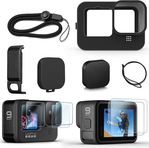 FitStill Silicone Sleeve Case for Hero 10- 9 Black- Battery Side Cover- Lens- Caps- Screen Protectors- Lanyard Accessories Kit