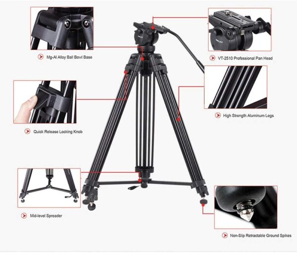 KINGJOY VT-2500 Mg-Al Alloy Video Photo Tripod Kit 360°Panorama Pan Fluid Ball Head - Image 4