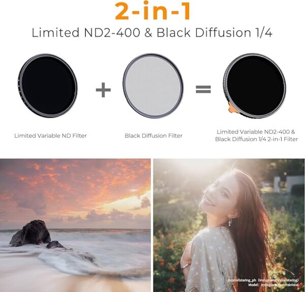 K&F Concept 82mm Black Diffusion Mist 1/4 Effect & Variable ND2-400 Lens Filter - Image 7