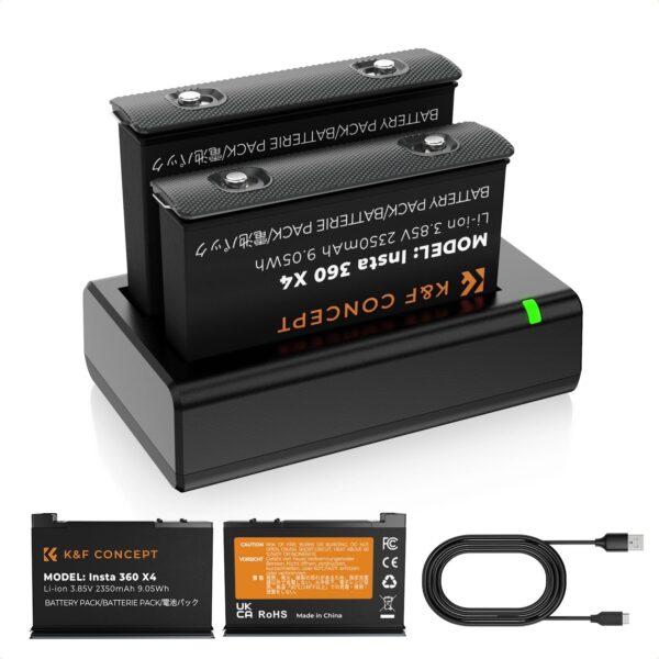 K&F Concept Insta 360 X4 2-Pack 2350mAh X4 Battery and Fast Battery Charger for Insta 360 X4 (KF28.0050)