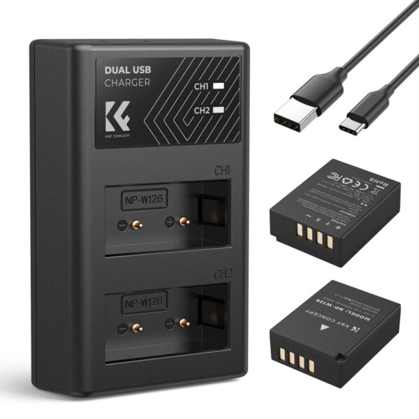 K&F Concept 1300mAh NP W126 NP W126S Battery and Charger for Fujifilm X100VI X100V XS10 XT 30 XT30 II XT20 XE4 A5 Dual Slot Fast Charger Type C and Micro USB Input 2 Pack Battery