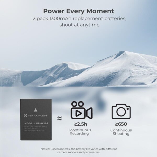 ⁦K&F Concept 1300mAh NP W126 NP W126S Battery and Charger for Fujifilm X100VI X100V XS10 XT 30 XT30 II XT20 XE4 A5 Dual Slot Fast Charger Type C and Micro USB Input 2 Pack Battery⁩ - الصورة ⁦2⁩