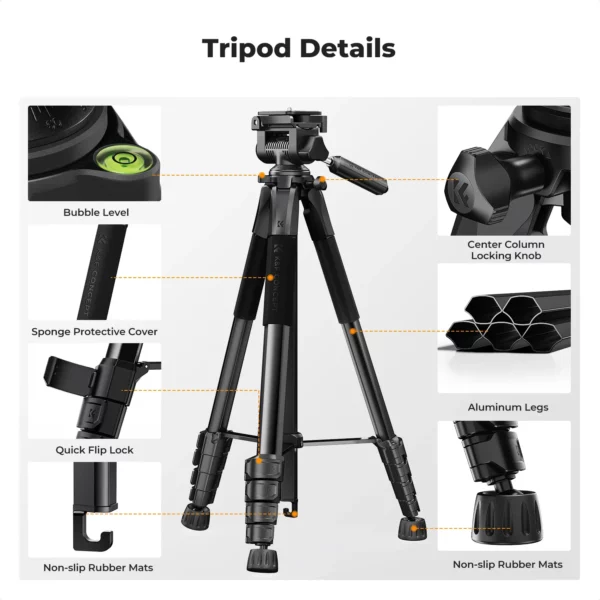 ⁦K&F Concept 190 cm Lightweight Tripod with Remote and 2-in-1 Phone Holder⁩ - الصورة ⁦3⁩