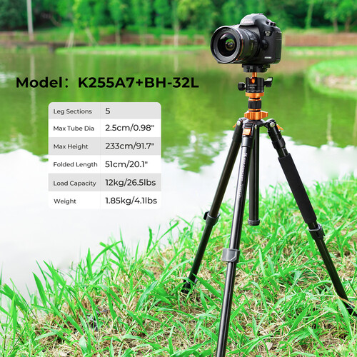 K&F Concept K255A7 Aluminum Tripod with BH-32L Ball Head - الصورة 4