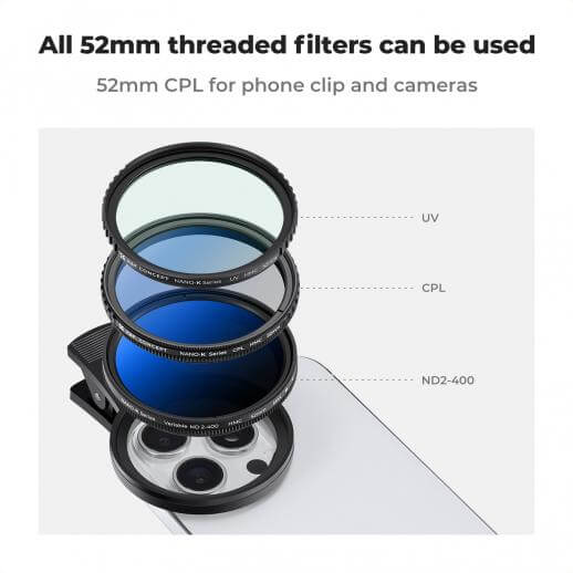 K&F Concept 52mm Clip-on CPL Phone Camera Lens Filter Kit - الصورة 2