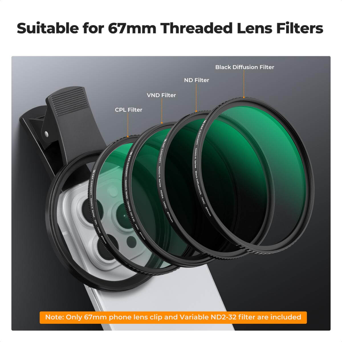 K&F Concept 67mm Clip-on ND2-32 Phone Camera Lens Filter Kit - Image 2
