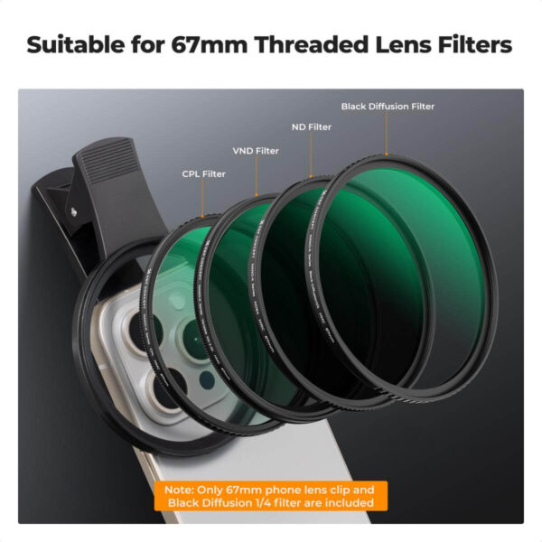 ⁦K&F Concept 67mm Clip on CPL & Black Mist 1/4 2 in 1 Phone Camera Lens Filter Kit⁩ - الصورة ⁦2⁩