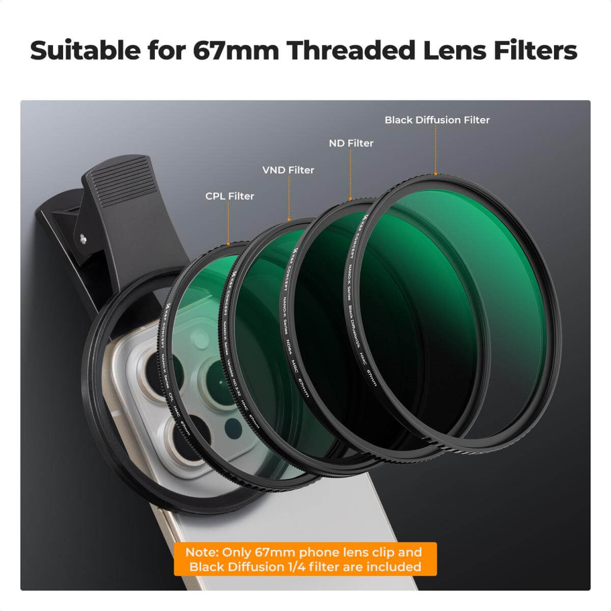 K&F Concept 67mm Clip on Black Mist 1/8 Phone Camera Lens Filter Kit - الصورة 2