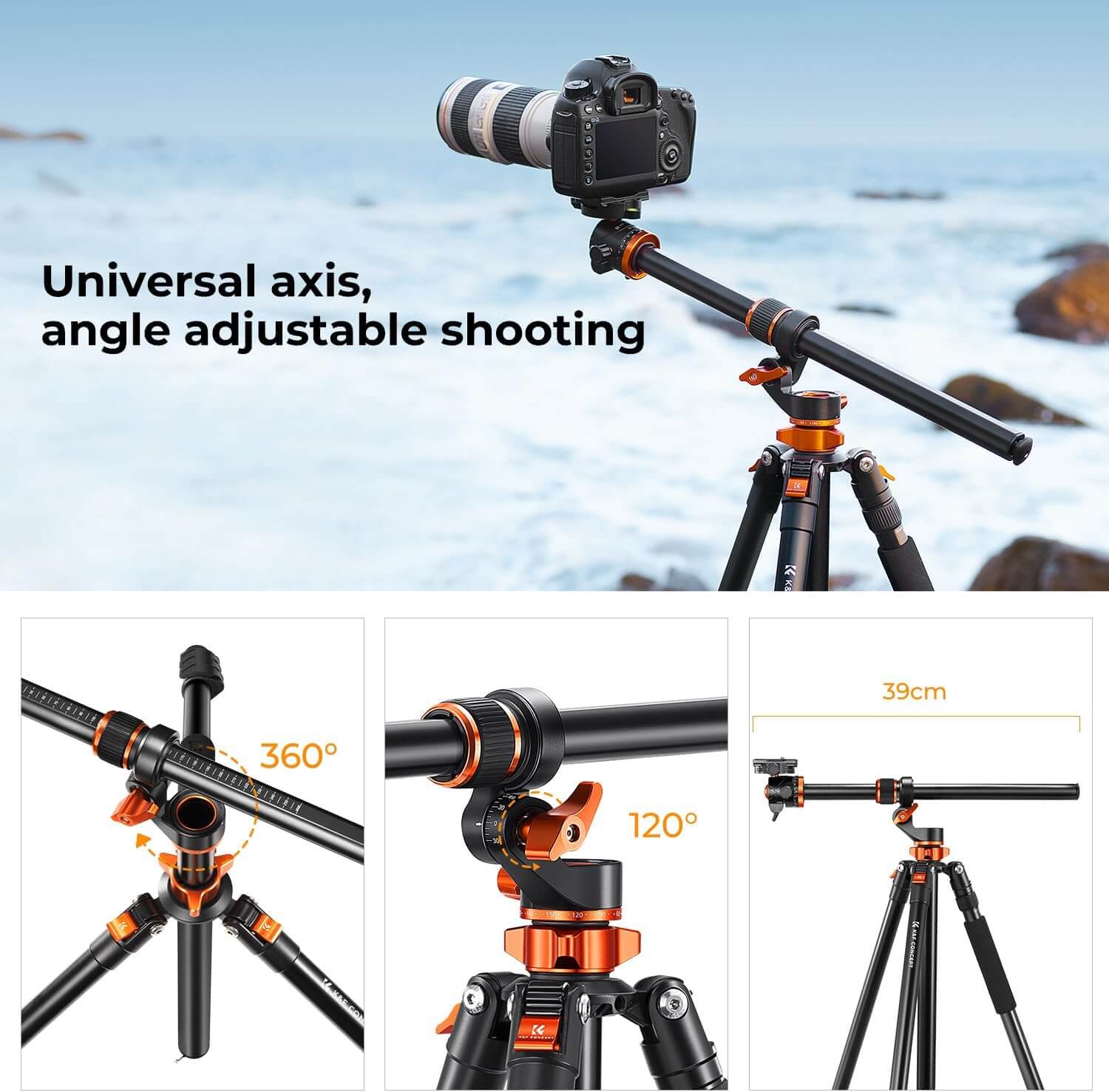 K&F Aluminum 4 Section KF09119 Tripod Load Capacity 10kg T254A7 and BH 28L - الصورة 3