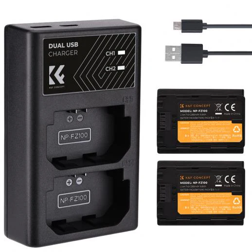 K&F Concept NP-FZ100 Dual Battery and Charger Set for Sony Alpha Cameras (2280mAh- Micro USB)