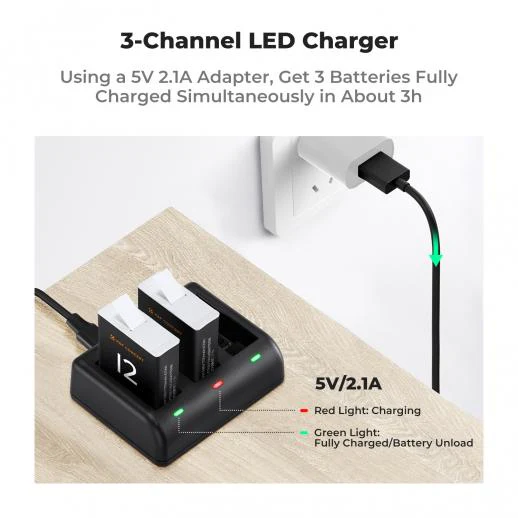 K&F Concept 2-Pack 1730mAh Batteries with 3-Channel Fast Charger for GoPro Hero 9-10-11-12 Black - الصورة 2