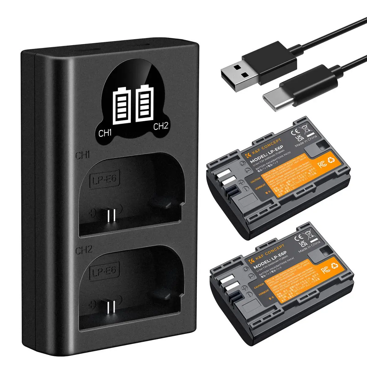 K&F Concept LP-E6P 2-Pack Battery and Dual USB Charger for Canon camera