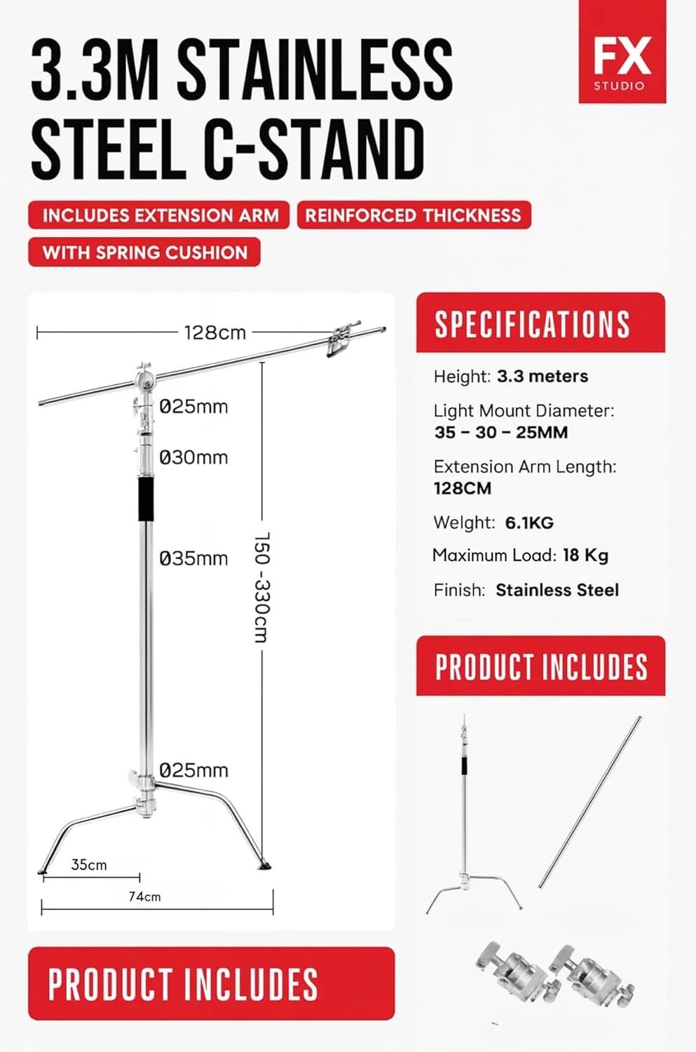 Fx Studio 3.3M Stainless Steel C-Stand with Boom Arm - الصورة 5
