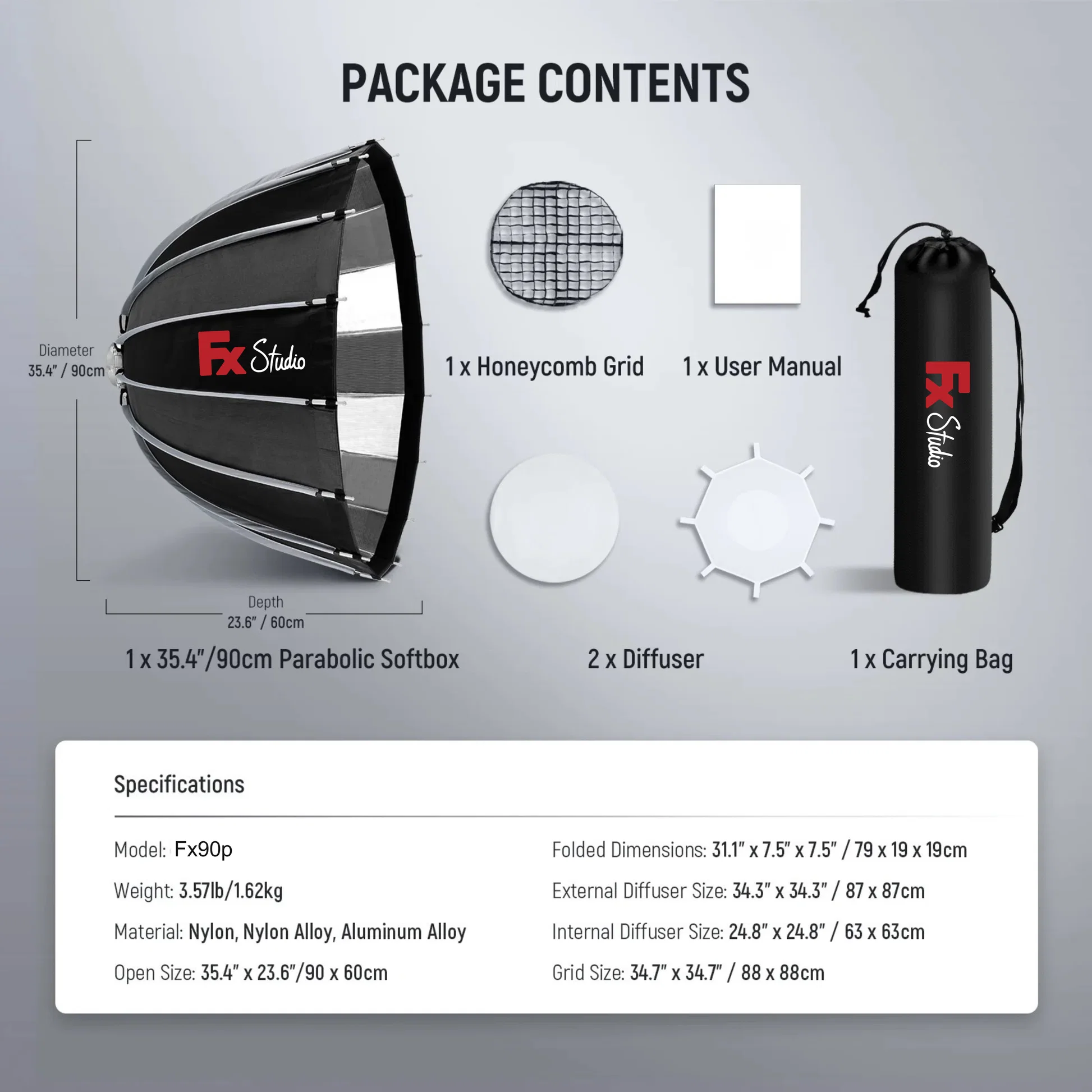 Fx Studio 90cm Deep Parabolic Softbox with Grid -Bowens Mount - الصورة 3
